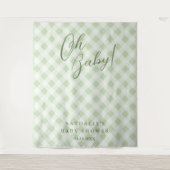 Elegante Sage Green Gingham Baby shower achtergron Wandkleed (Voorkant)
