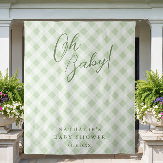 Elegante Sage Green Gingham Baby shower achtergron Wandkleed