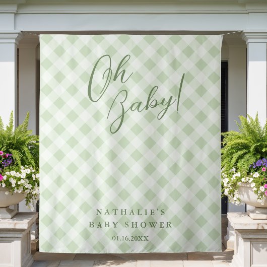 Elegante Sage Green Gingham Baby shower achtergron Wandkleed
