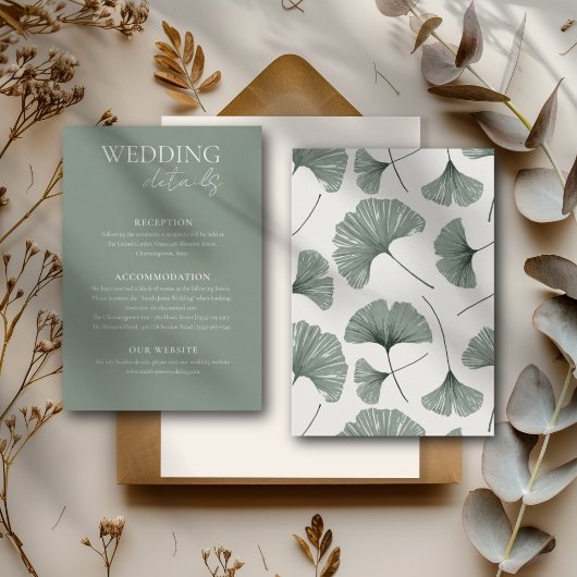 Elegante Sage Green Ginkgo Leaf Wedding Details Informatiekaartje