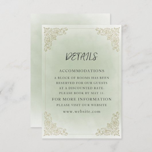 Elegante  Sage Green Gold Details Informatiekaartje (Voorkant / Achterkant)