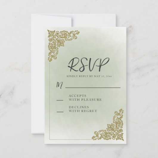 Elegante  Sage Green Gold Wedding RSVP Kaartje (Voorkant)