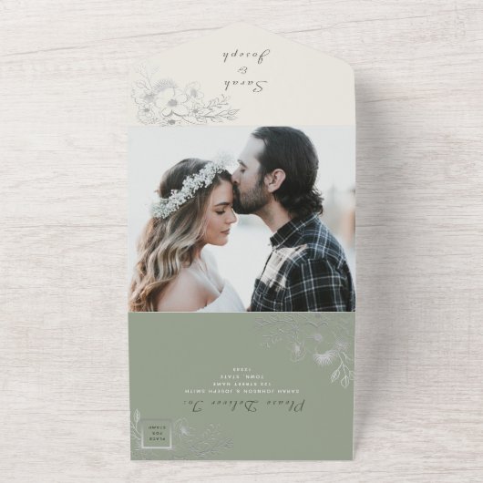 Elegante Sage Green Ivory Wedding All In One Uitnodiging (Buitenkant)