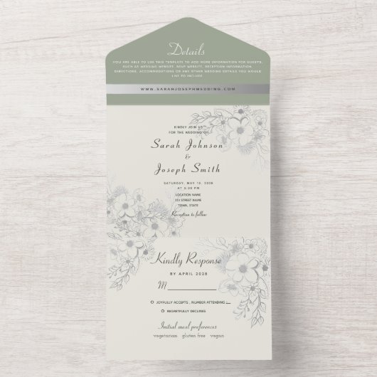 Elegante Sage Green Ivory Wedding All In One Uitnodiging (Binnen)