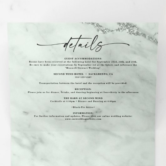 Elegante Sage Green Marble met Folie bruiloft Drieluik Uitnodiging (Binnenzijde eerst)