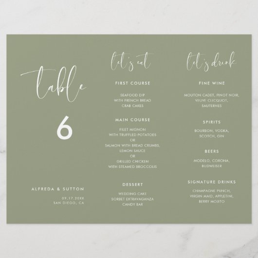 Elegante Sage Green Menu & Tafelnummer drievoudig (Voorkant)