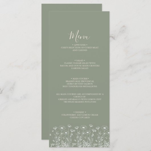 Elegante Sage Green Minimalist Boho Floral Wedding Menu (Voorkant / Achterkant)