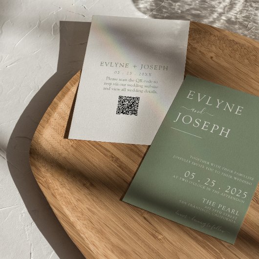 Elegante Sage Green Minimalist Boho QR Code Weddin Kaart