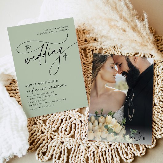 Elegante Sage Green minimalistische foto bruiloft Kaart