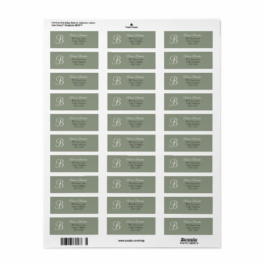 Elegante Sage Green Monogram Bruiloftsadreslabel Etiket (Full Sheet)