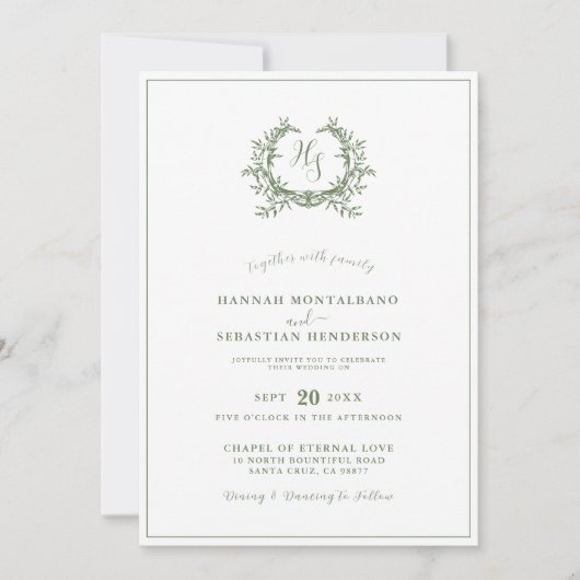 Elegante Sage Green Monogram Crest QR Code Huwelij Kaart (Voorkant)