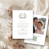 Elegante Sage Green Monogram Crest QR Code Huwelij Kaart