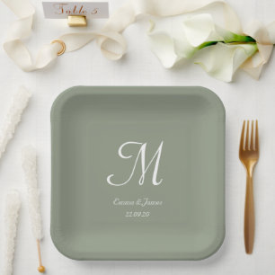 Elegante Sage Green Monogram Huwelijksfeest Cockta Papieren Bordje