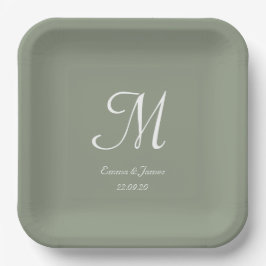 Elegante Sage Green Monogram Huwelijksfeest Cockta Papieren Bordje