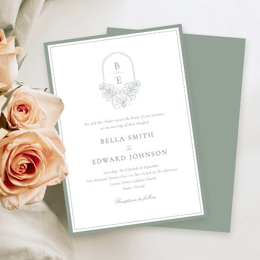 Elegante Sage Green Monogram Huwelijksuitnodiging Kaart
