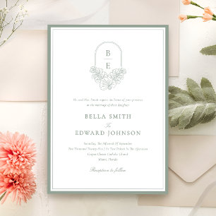 Elegante Sage Green Monogram Huwelijksuitnodiging Kaart