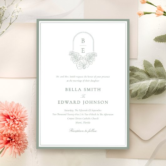 Elegante Sage Green Monogram Huwelijksuitnodiging Kaart