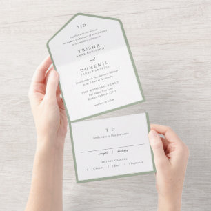 Elegante Sage Green Monogram Moderne bruiloft All In One Uitnodiging