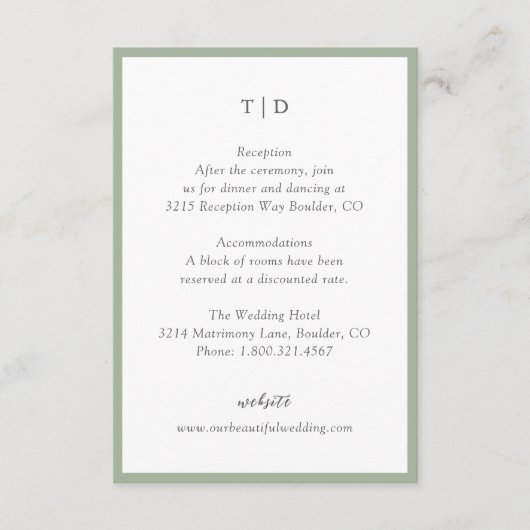 Elegante Sage Green Monogram Moderne bruiloft Informatiekaartje (Voorkant)