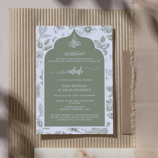 Elegante Sage Green Nikah uitnodiging | Line Art