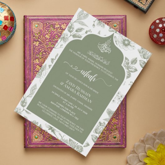 Elegante Sage Green Nikah uitnodiging | Line Art