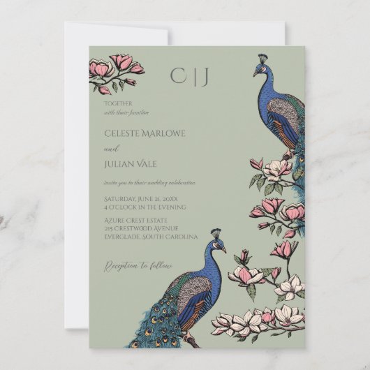 Elegante Sage Green Pauw en bloemen bruiloft Kaart (Voorkant)