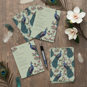 Elegante Sage Green Pauw en bloemen bruiloft Kaart
