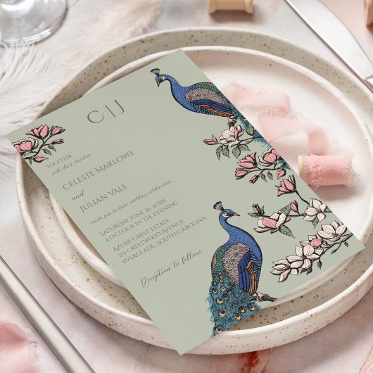 Elegante Sage Green Pauw en bloemen bruiloft Kaart