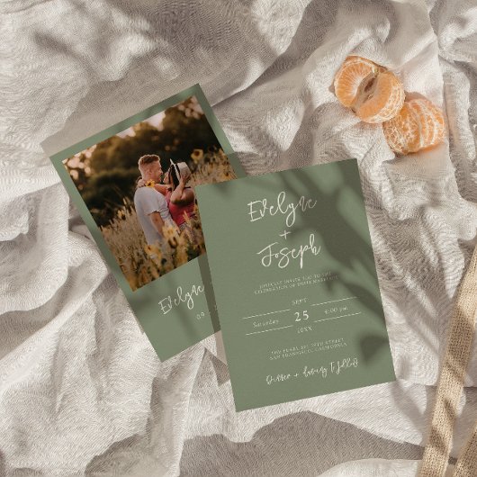 Elegante Sage Green Photo Boho Modern Wedding Kaart