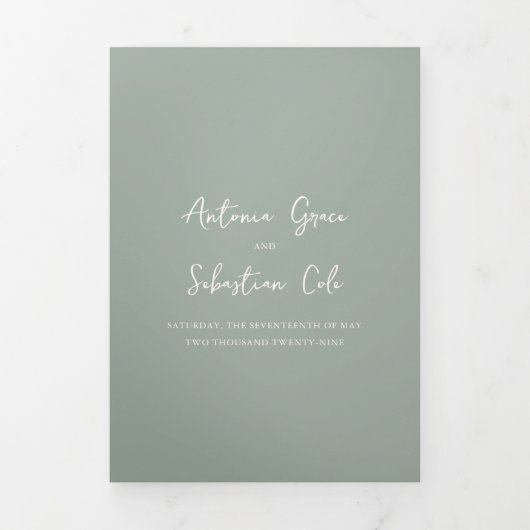 Elegante Sage Green QR Code Moderne bruiloft Drieluik Uitnodiging (Cover)