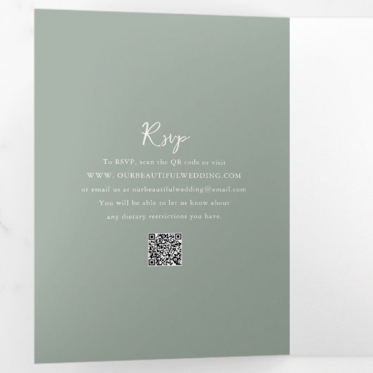Elegante Sage Green QR Code Moderne bruiloft Drieluik Uitnodiging (Binnenzijde eerst)