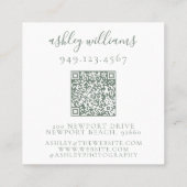 Elegante Sage Green QR Code Monogram Bloemkam Vierkante Visitekaartje (Achterkant)