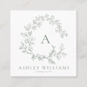 Elegante Sage Green QR Code Monogram Bloemkam Vierkante Visitekaartje (Voorkant)