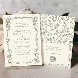 Elegante Sage Green QR Code RSVP Victoriaans bruil Kaart