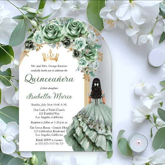 Elegante Sage Green Roos Floral Quinceañera Party Acryl Uitnodigingen