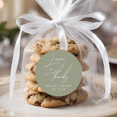 Elegante Sage Green Script Liefde + Bedankt bruilo Ronde Sticker