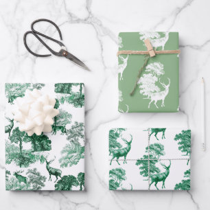 Elegante Sage Green Toile Deer Bossen Inpakpapier Vel
