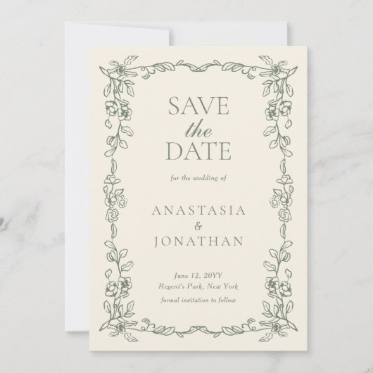 Elegante Sage Green Victoriaans bruiloft Save The Date (Voorkant)