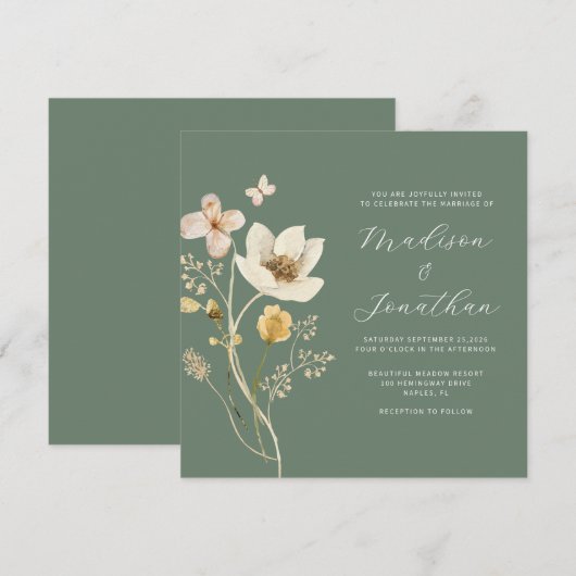 Elegante Sage Green Waterverf Wildflower Wedding Kaart (Voorkant / Achterkant)