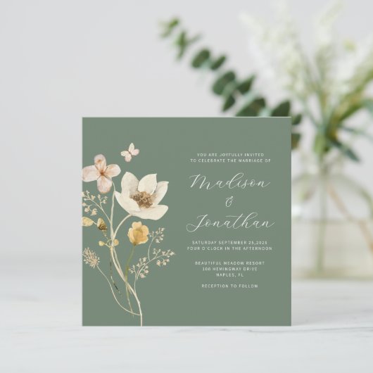 Elegante Sage Green Waterverf Wildflower Wedding Kaart (Staand voorkant)
