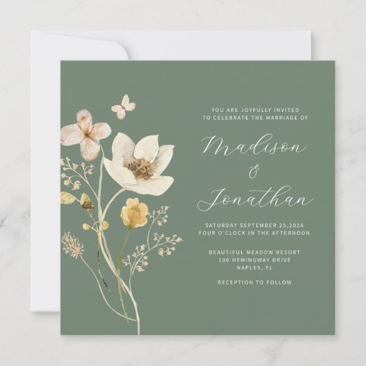 Elegante Sage Green Waterverf Wildflower Wedding Kaart (Voorkant)