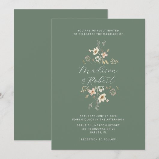 Elegante Sage Green Waterverf Wildflower Wedding Kaart (Voorkant / Achterkant)