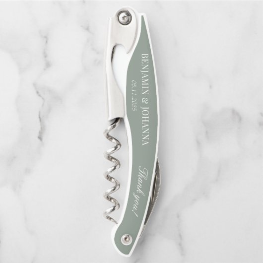 Elegante Sage Green Wedding Bedankt Gastfavorieten Kurkentrekker (Voorkant)