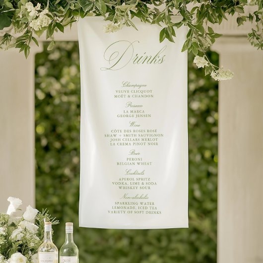 Elegante Sage Green Wedding Drinken Bar Menu Banne Spandoek