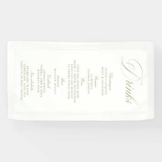 Elegante Sage Green Wedding Drinken Bar Menu Banne Spandoek (Horizontaal)