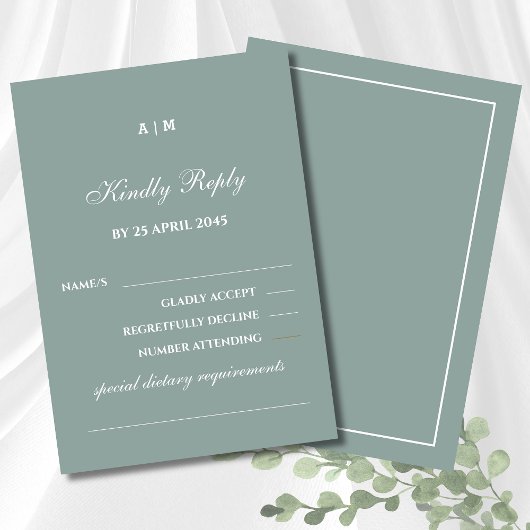 Elegante Sage Green White Modern Wedding RSVP Kaar