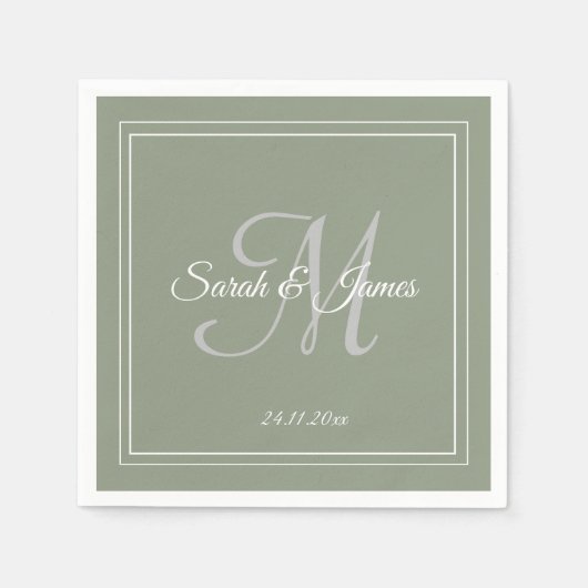 Elegante Sage Green & White Monogram Trouwpapier Servet (Voorkant)