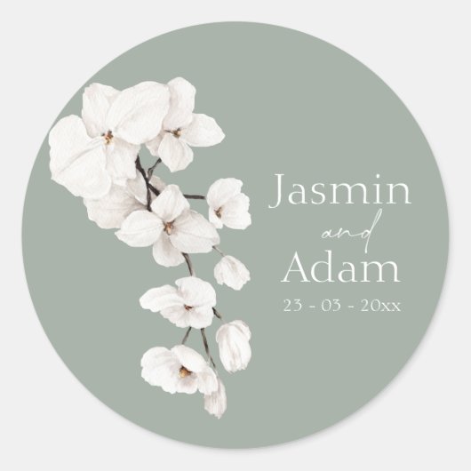 Elegante Sage Green White Orchid Wedding Ronde Sticker (Voorkant)