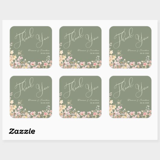 Elegante Sage Green Wildflower Bedankt Vierkante Sticker (Vel)