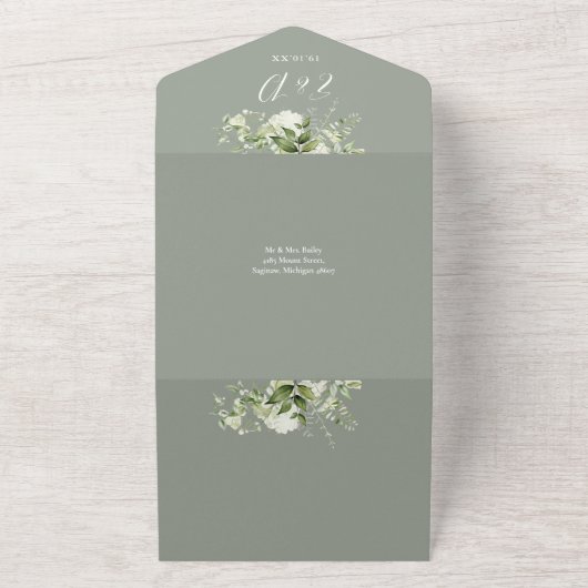 Elegante Sage Greenery Bloemen QR Code Huwelijk All In One Uitnodiging (Buitenkant)